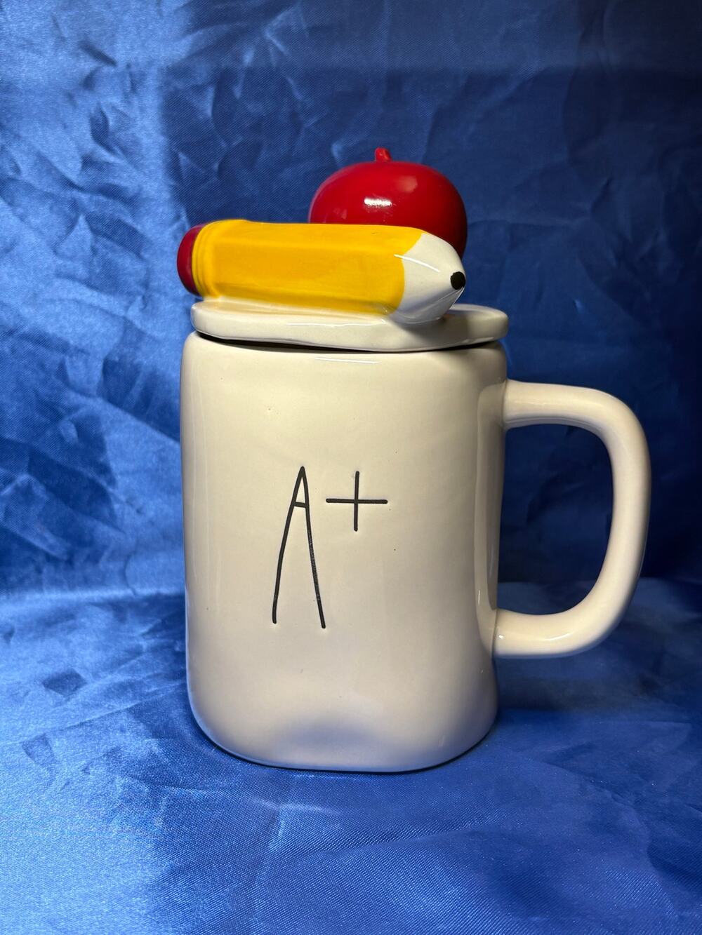 Rae Dunn Teachers Coffee Mug with Lid Accented with Pencil and Apple